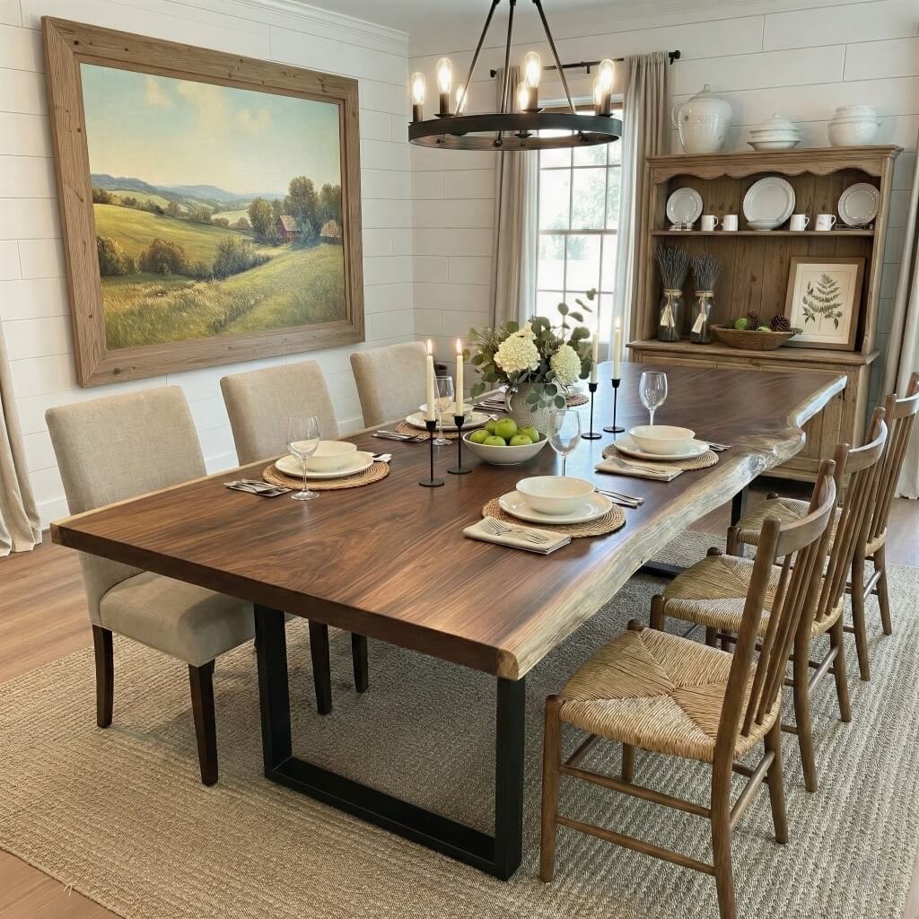 Live Edge Dining Table & Bench Set | Solid Wood Farmhouse Dining Set