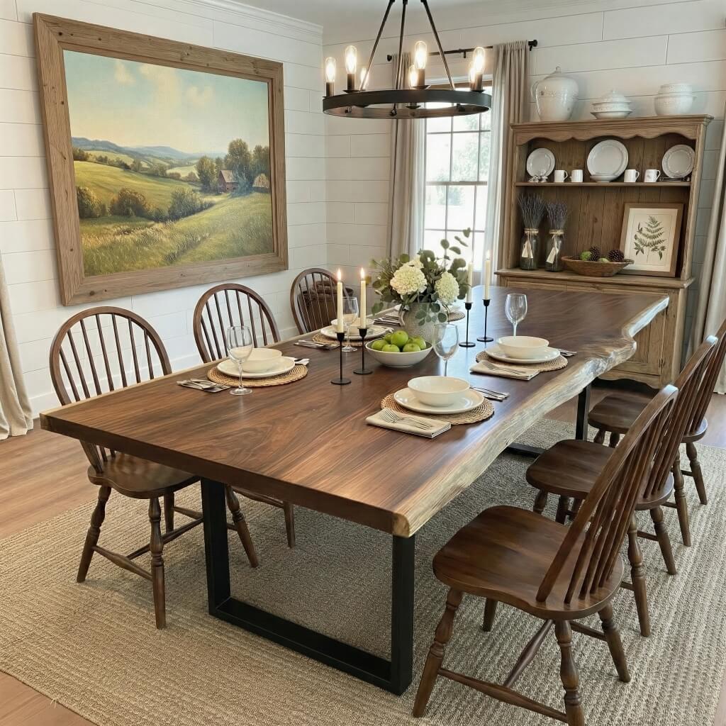 Live Edge Dining Table & Bench Set | Solid Wood Farmhouse Dining Set
