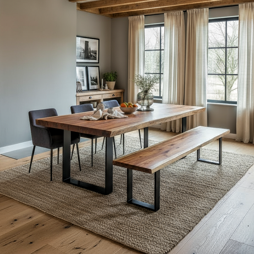 Bright dining room with handcrafted solid wood live edge dining table and bench in walnut color, matte black steel frame