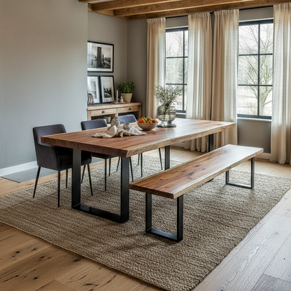 Bright dining room with handcrafted solid wood live edge dining table and bench in walnut color, matte black steel frame