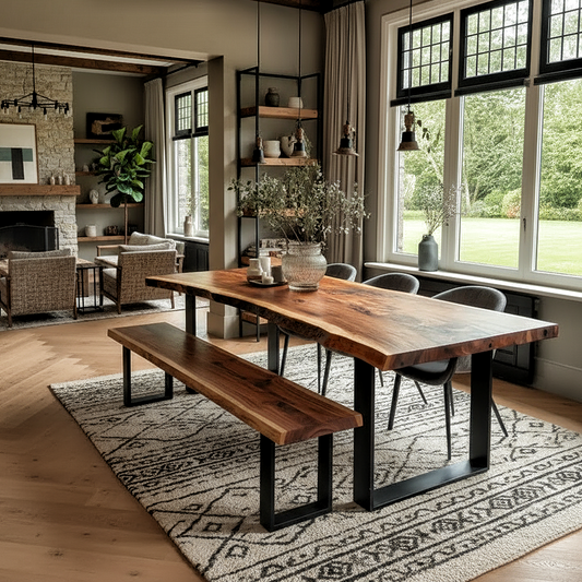 Solid wood live edge dining table in walnut color with black steel legs, placed in bright dining space with wooden cabinet