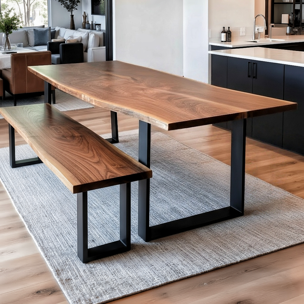 Loft-style dining area with solid wood live edge dining table and bench, walnut color top and black metal legs