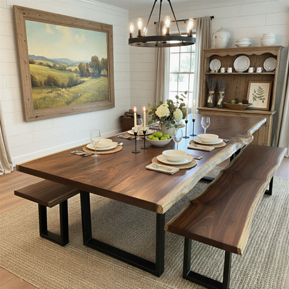 Handcrafted solid wood live edge dining table with matching bench in walnut color, black steel legs, modern farmhouse dining room