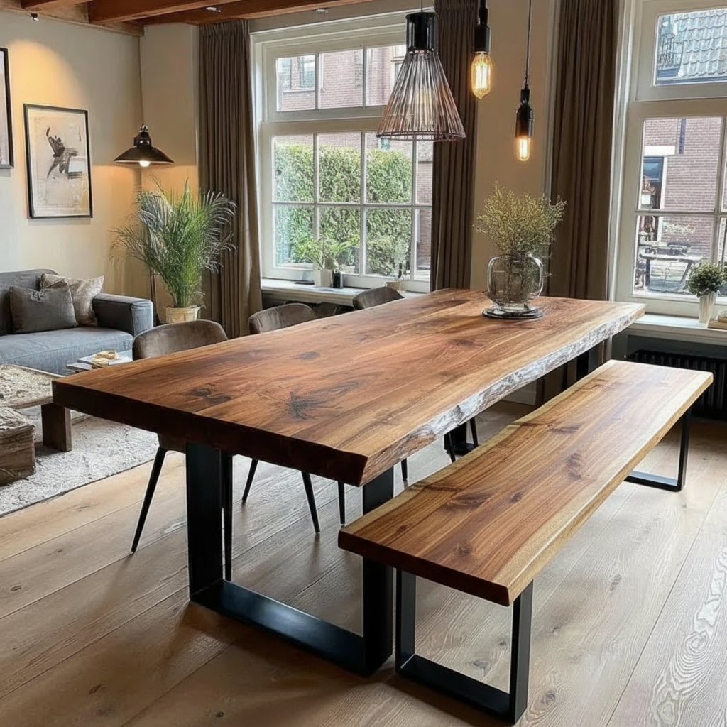 Modern dining room featuring solid wood live edge dining table with bench, walnut color finish and metal legs
