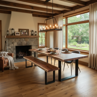 Minimalist dining space with solid wood live edge dining table and matching bench in walnut color finish