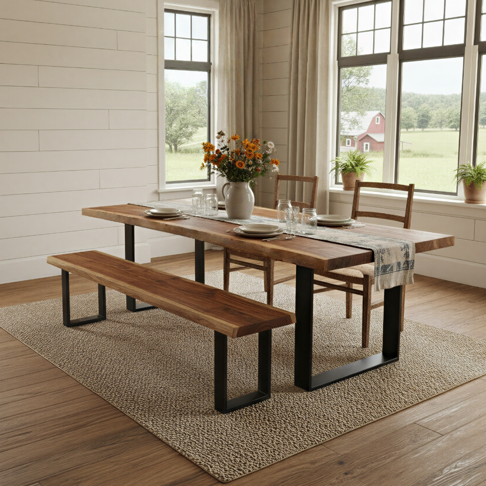 Solid wood live edge dining table set in walnut color finish, black steel base, large windows and natural light