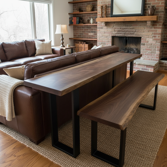Solid wood live edge sofa table and matching bench in walnut color with black steel legs, placed behind a leather sofa in a living room with brick fireplace