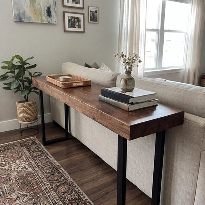 Solid Wood Sofa Console Table with Black Steel Legs