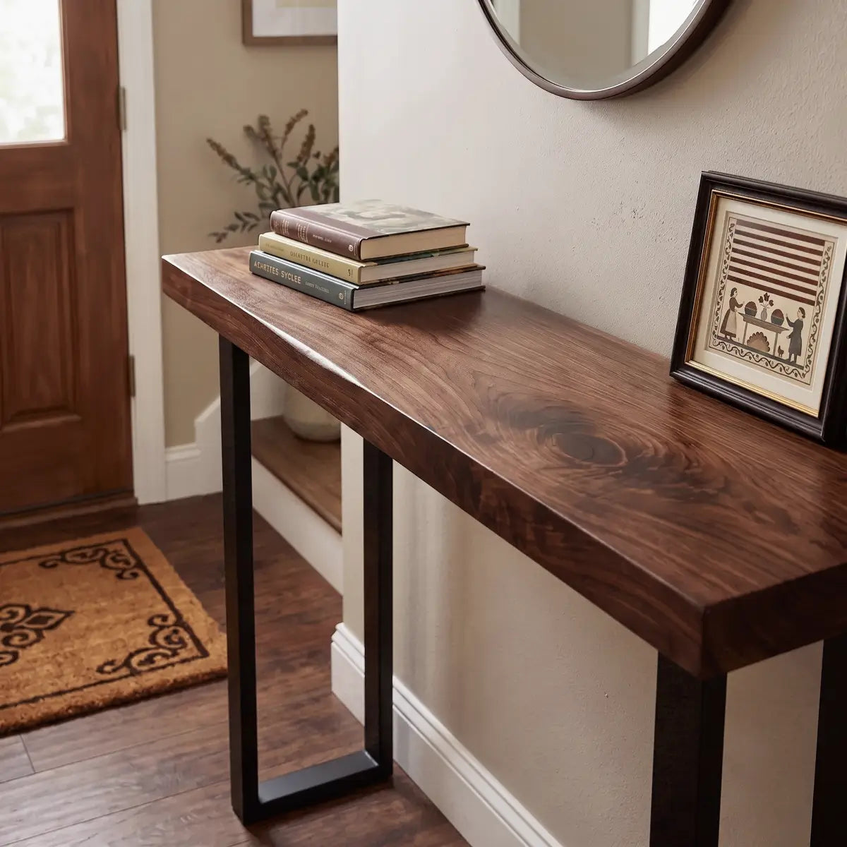 Solid Wood Sofa Console Table with Black Steel Legs