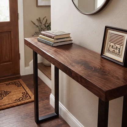 Solid Wood Sofa Console Table with Black Steel Legs