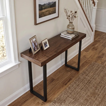 Solid Wood Sofa Console Table with Black Steel Legs