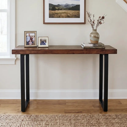 Solid Wood Sofa Console Table with Black Steel Legs