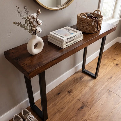 Solid Wood Sofa Console Table with Black Steel Legs