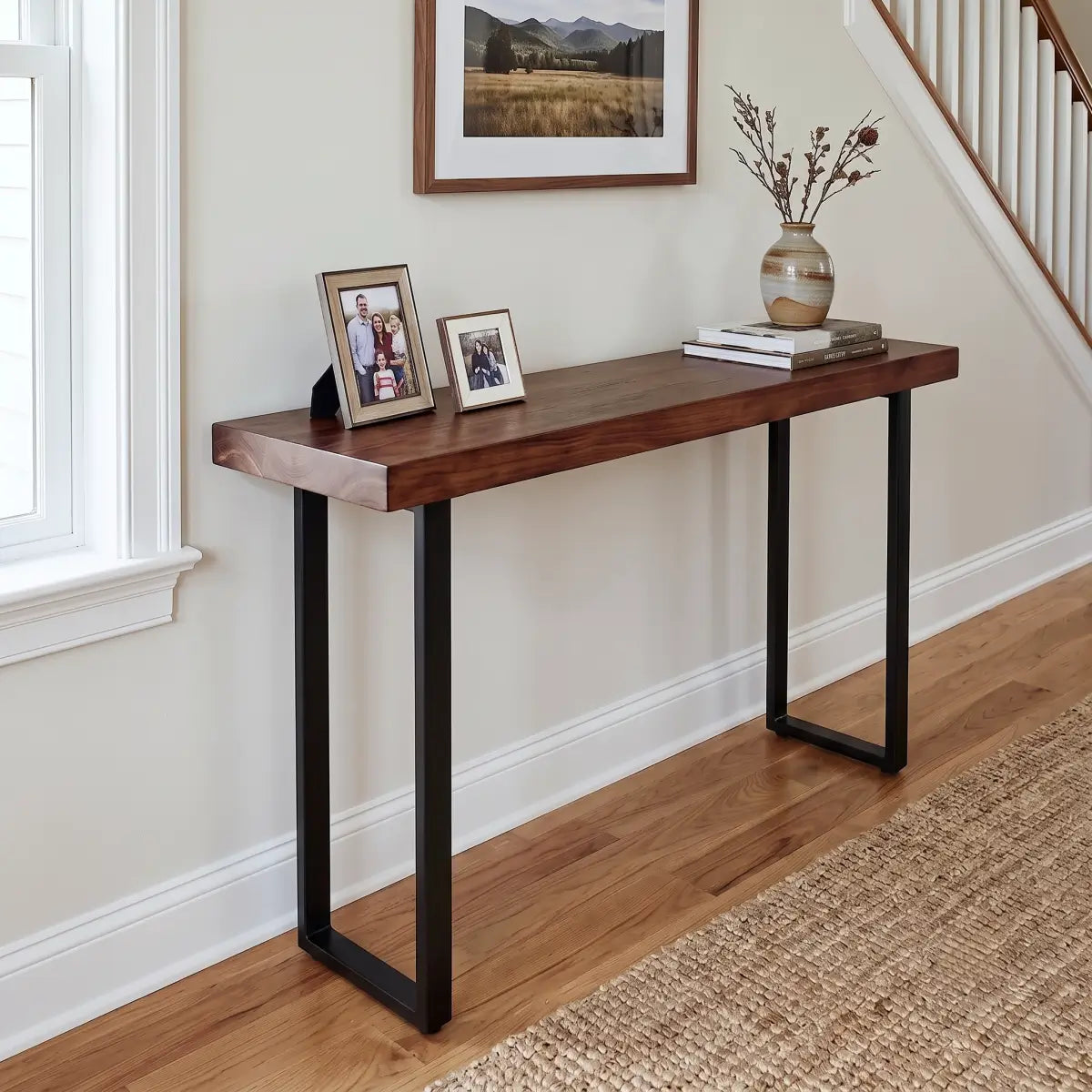 Solid Wood Sofa Console Table with Black Steel Legs