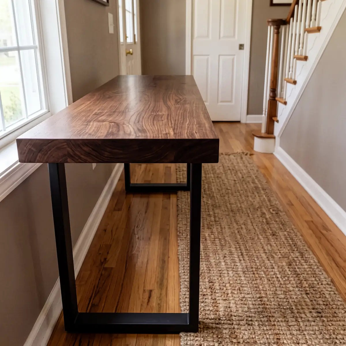 Solid Wood Sofa Console Table with Black Steel Legs