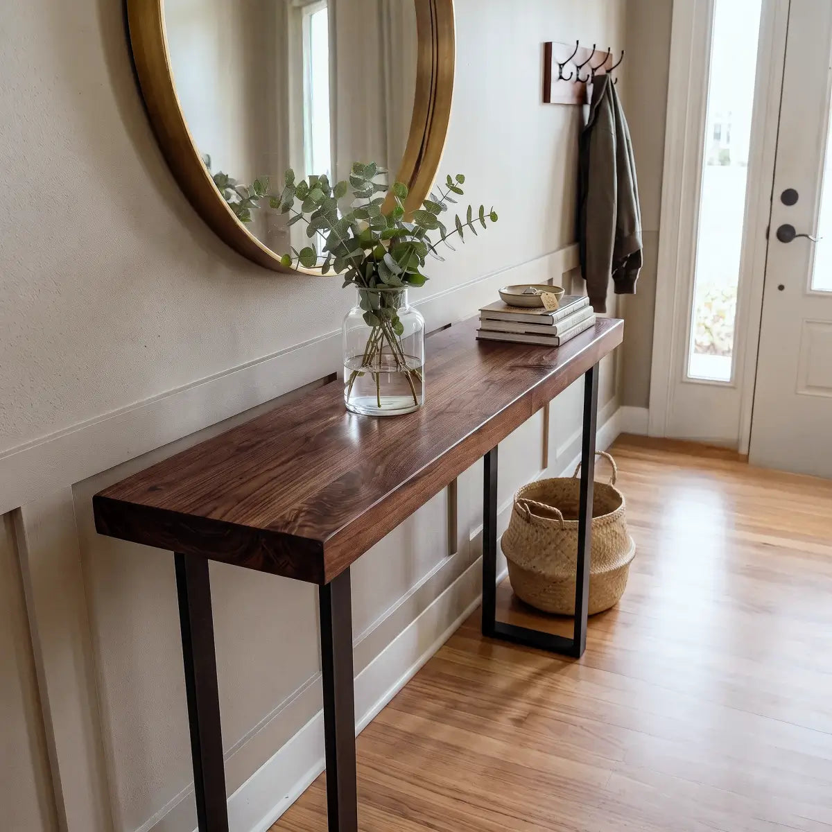 Solid Wood Sofa Console Table with Black Steel Legs