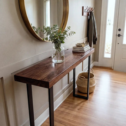 Solid Wood Sofa Console Table with Black Steel Legs